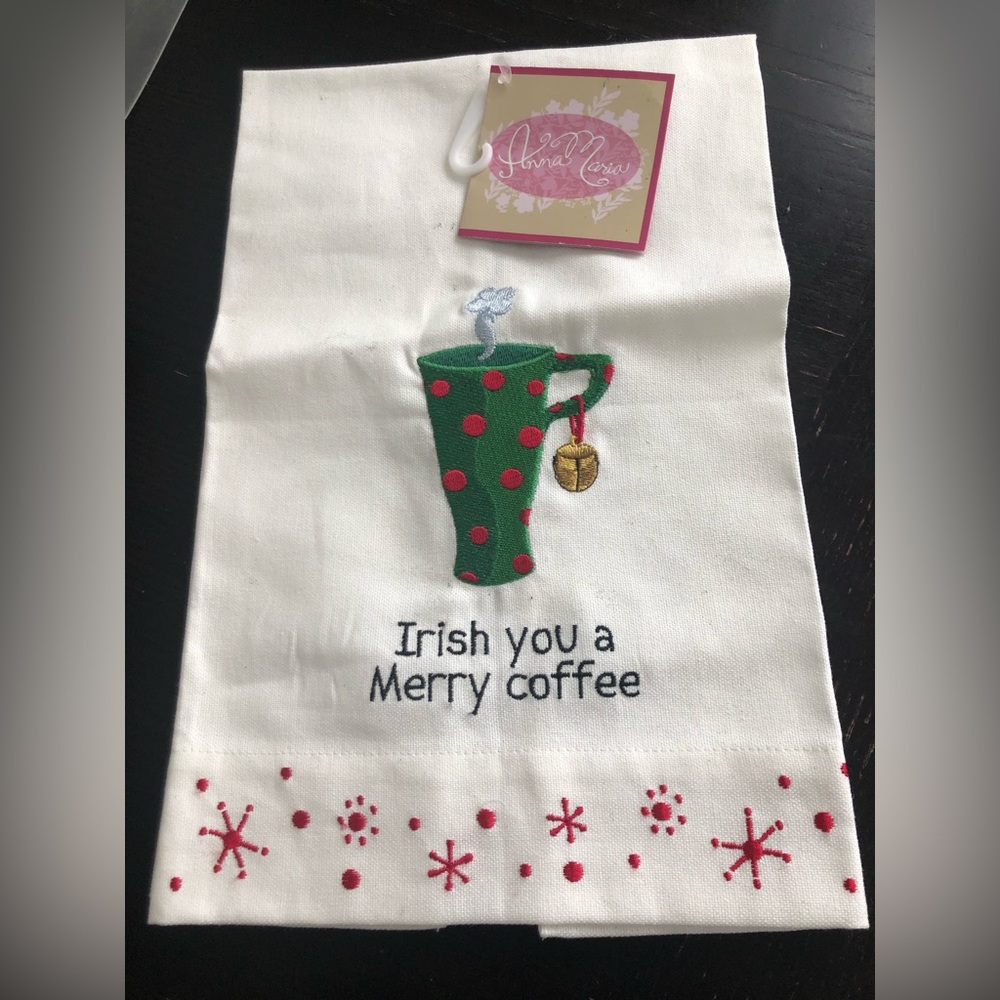 Anna Maria Horner Irish you a Merry coffee. Tea towel Cotton. Embroidery.
